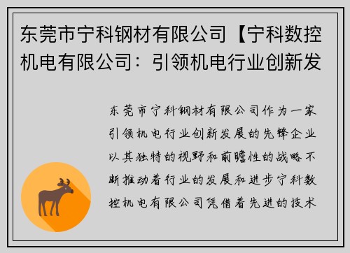 东莞市宁科钢材有限公司【宁科数控机电有限公司：引领机电行业创新发展】